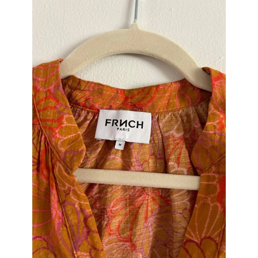 FRNCH PARIS Orange Floral Print V Neck Tie Sleeve Blouse Top‎ Medium